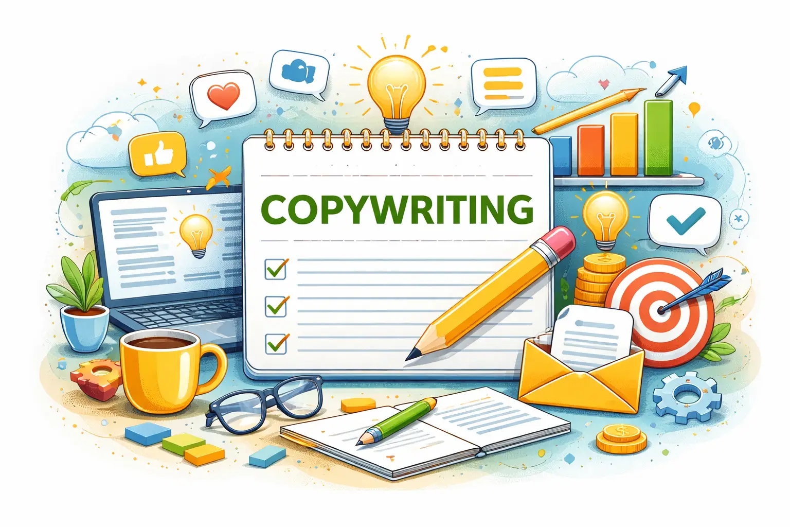 Copywriting services illustration showing persuasive content creation, brand messaging, and conversion-focused writing