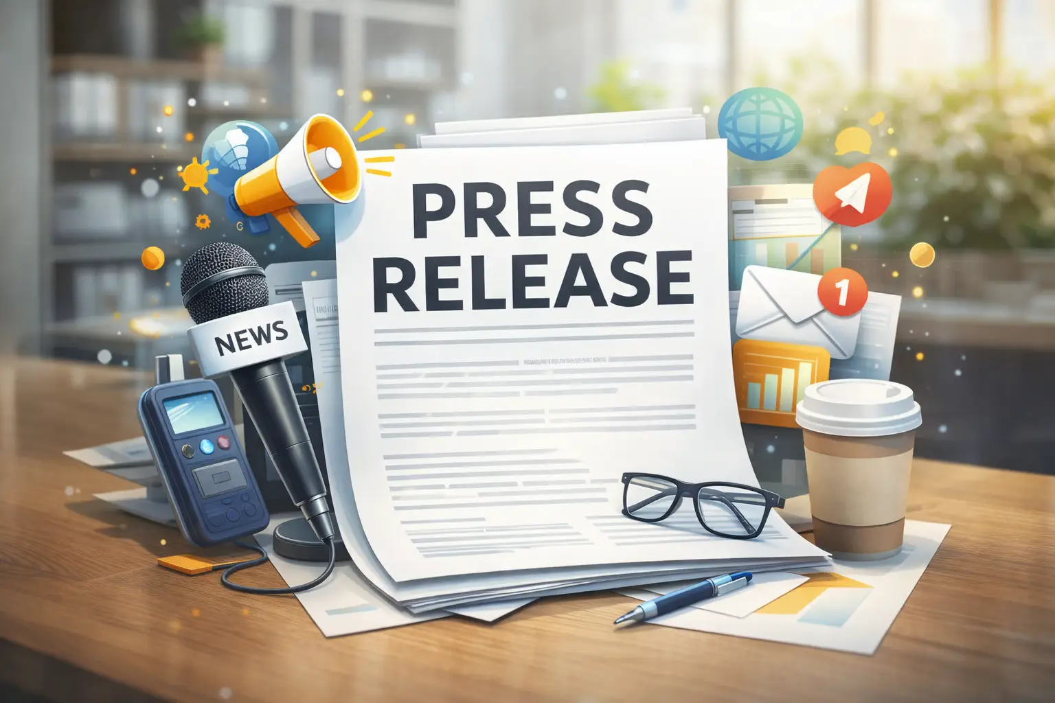 Press release document with media microphone, announcements, and news distribution elements