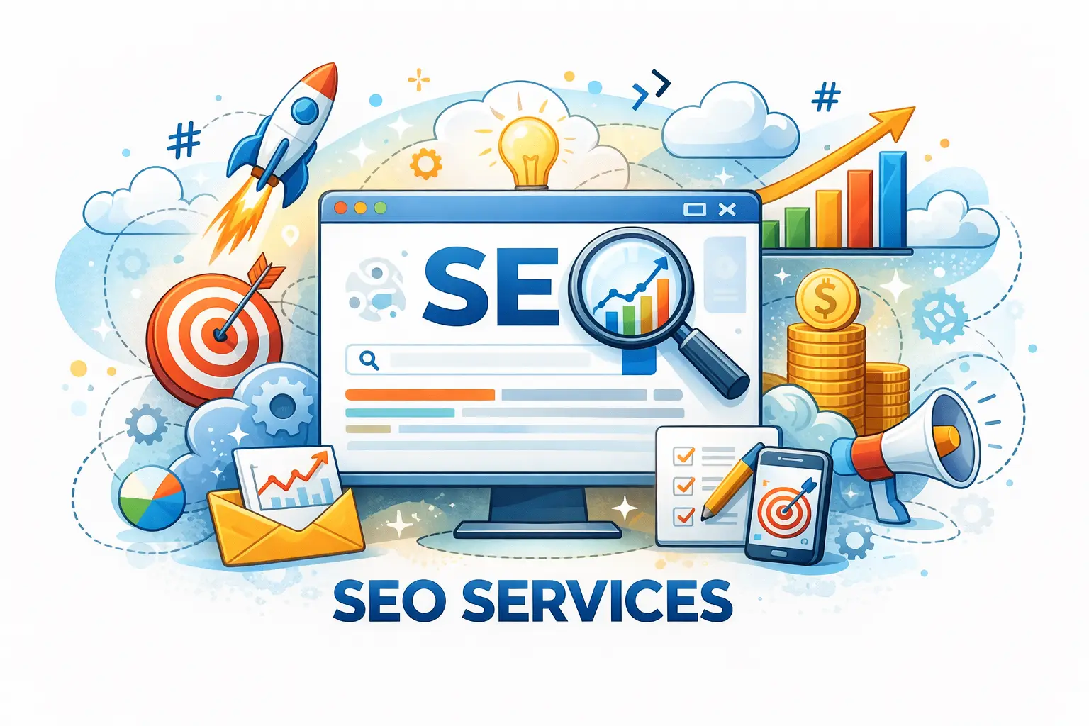 Our SEO services illustration features keyword research, analytics, content optimization, and organic traffic growth.