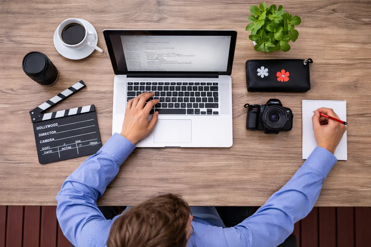 Scriptwriter working on a laptop with screenplay notes, camera, and clapperboard on a professional workspace