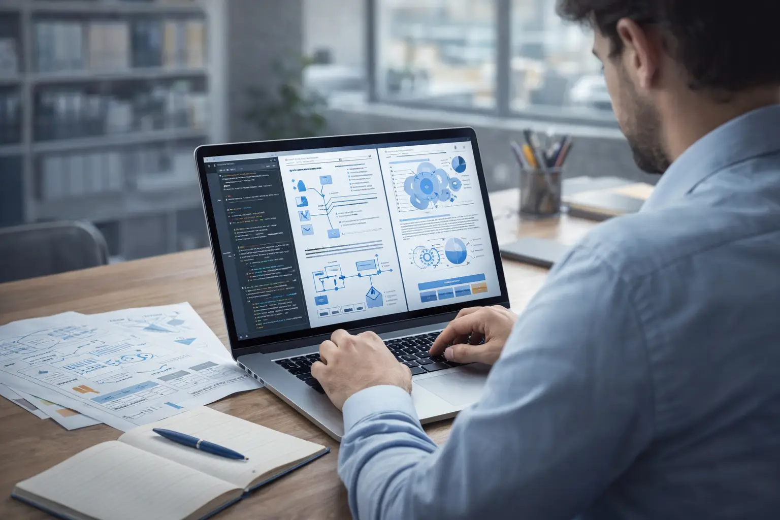 Professional technical writer creating structured documentation with diagrams, code snippets, and technical workflows