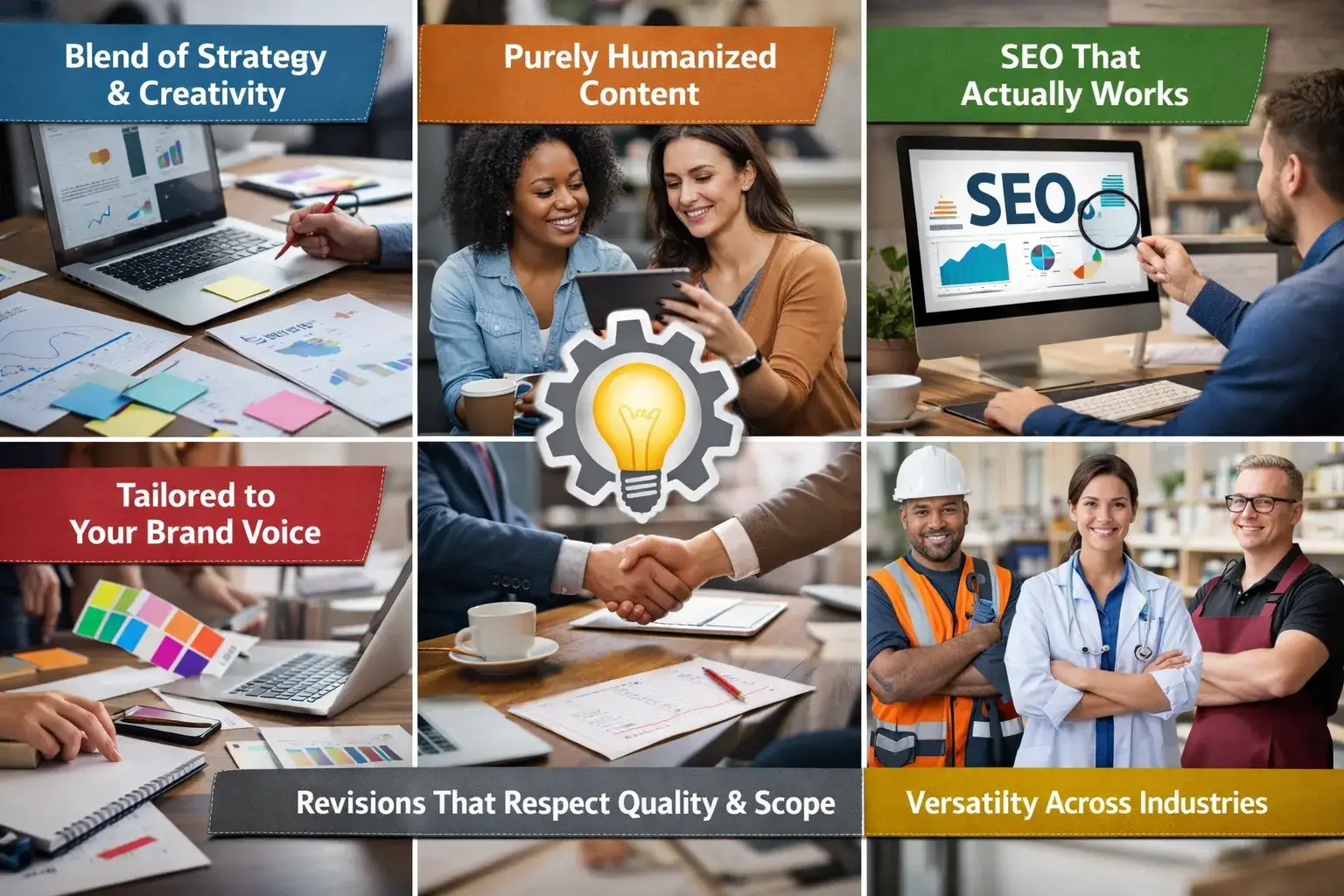 Premium content writing services showcasing strategy, humanized content, SEO performance, brand voice, conversions, versatility, and quality revisions.